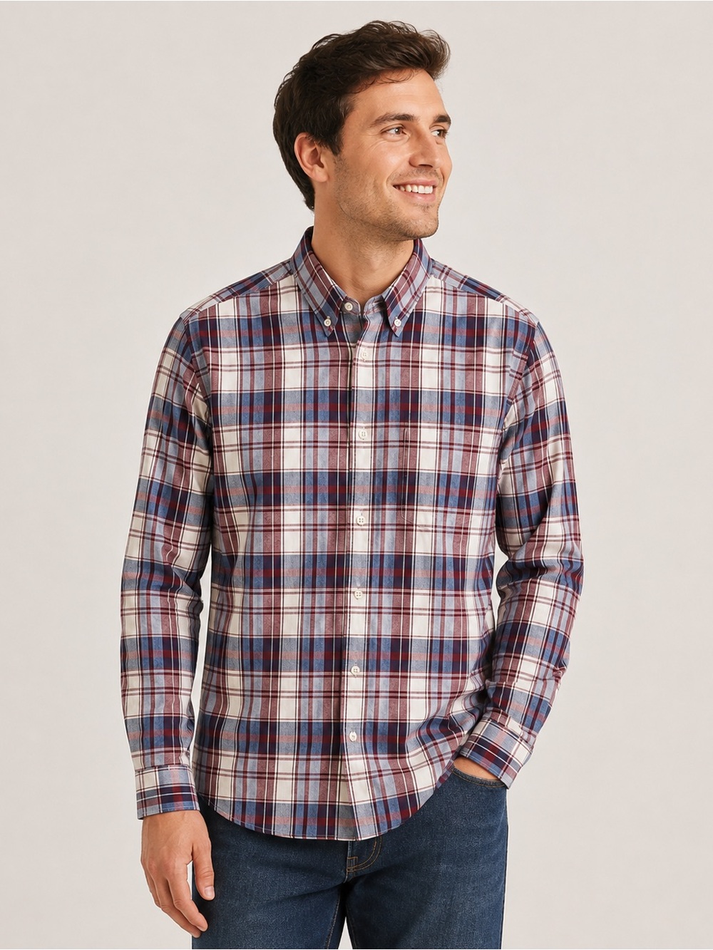 J.Crew Mens Medium Classic Fit Plaid Button Down Shirt Burgundy Blue Cotton